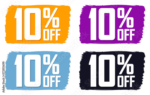 Set Sale 10% off banners, discount tags design template, extra promo, brush grunge, app icons, vector illustration