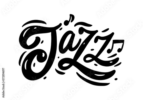 Jazz text. Hand drawn lettering. Black color calligraphy. Vector illustration. Isolated on white background.