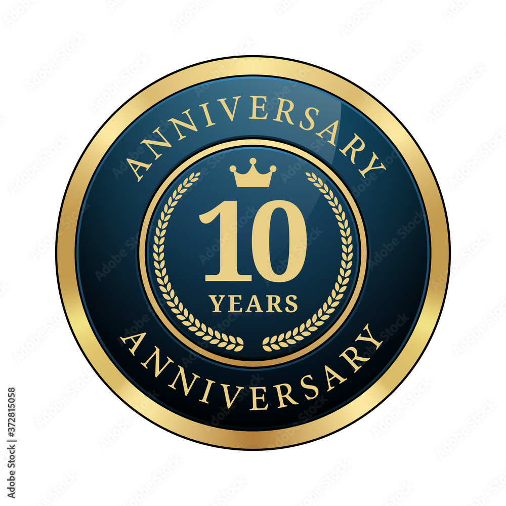 10 years anniversary badge crown laurel wreath glossy dark blue metallic gold round logo