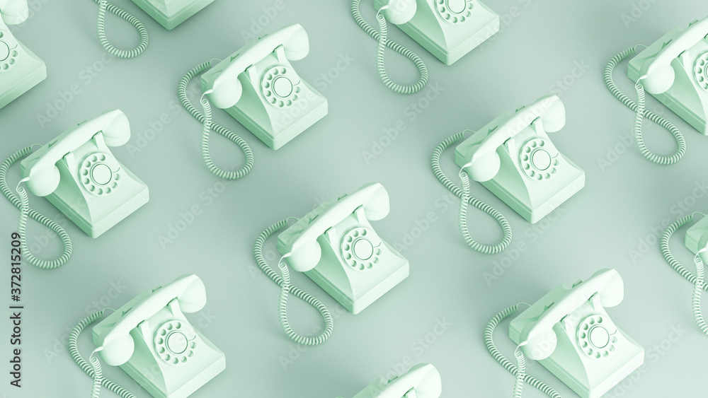 Many old vintage phone with twisted wires. Repeated objects pattern. Retro technology on pastel blue background. Minimal composition for social media and workplace concept. 3d render