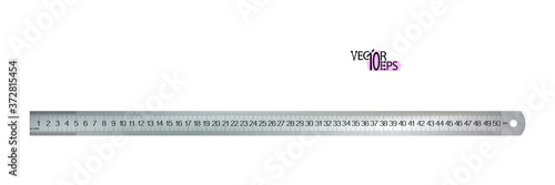Top view realistic metal centimeters ruler, measuring tool isolated on white background. 50 sm, cm, meter instrument locksmiths or carpenters, craft and school supplies. Vector illustration.