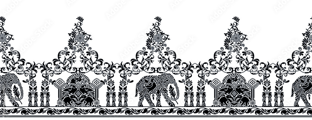 Seamless black and white traditional Asian elephant border design with birds
