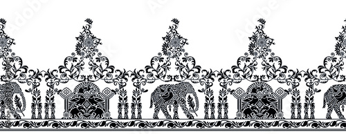 Seamless black and white traditional Asian elephant border design with birds