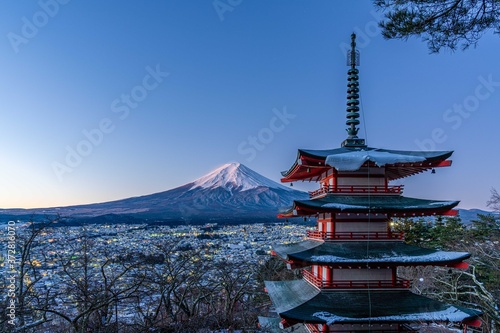 Look out from the Chureito Pagoda  Fujiyoshida  and Mount Fuji