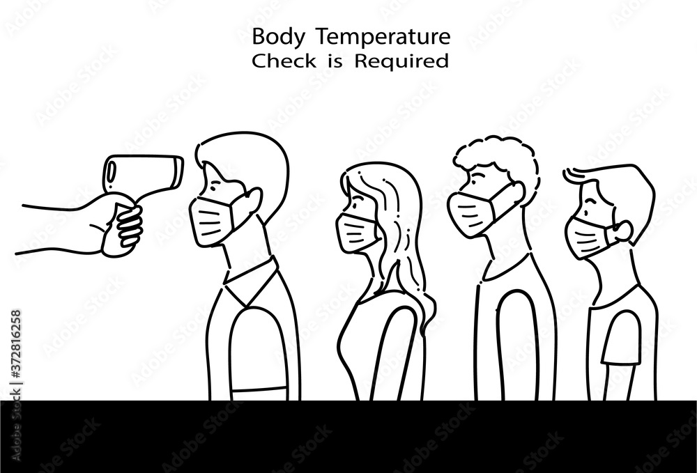 Line drawing of People lining up for body temperature check before