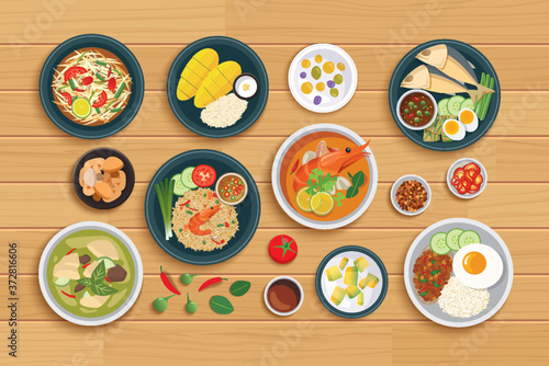 Thai food and ingredient on a wooden background.