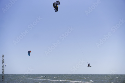 Low angle shot of the kitesurfers at the beach during the daytime