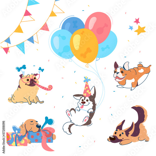 Puppies of different breeds at party: Labrador, Husky, German Shepherd, Pug, American Bulldog. Dogs have a birthday. Husky is flying in balloons. Vector set in cartoon style for party, print, textile