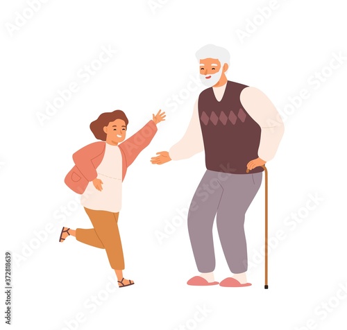 Joyful little girl and grandfather having fun together vector flat illustration. Happy grandchild running and hugging, visit smiling grandpa isolated on white. Family enjoying meeting