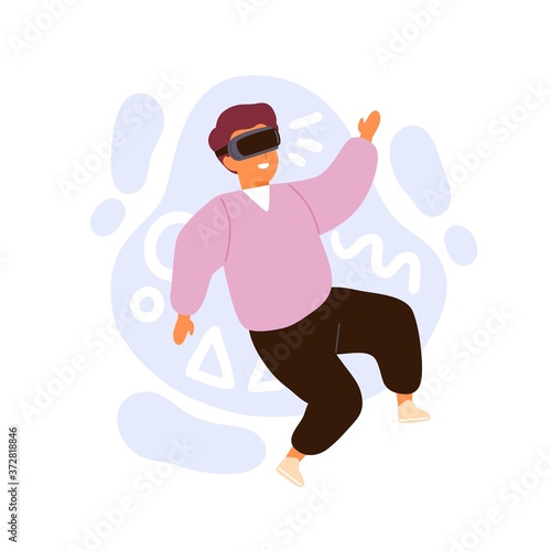 Cute little boy wearing vr glasses immersing in cyberspace vector flat illustration. Cheerful male child in 3d headset at virtual reality world isolated on white. Playing online game simulated space