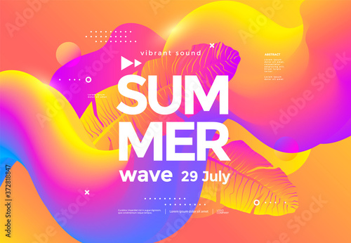 Electronic music fest summer wave poster with fluid shapes and gradient palm leaf. Club party flyer. Abstract gradients background.