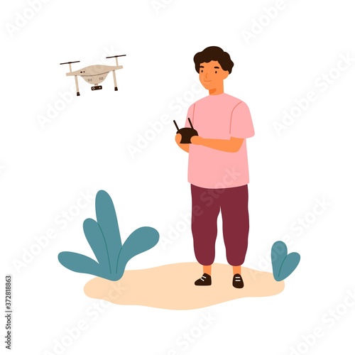 Cute little boy launching drone outdoor vector flat illustration. Smiling guy holding remote control of quadcopter isolated on white. Joyful kid playing with modern digital device at park
