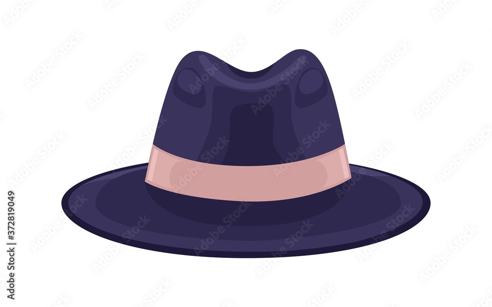 Black stylish headdress decorated with ribbon vector flat illustration. Classic men s brimmed felt hat isolated on white. Formal fashion accessory. Male trendy headwear Black stylish headdress decorated with ribbon vector flat illustration. Classic men s brimmed felt hat isolated on white. Formal fashion accessory. Male trendy headwear
