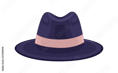 Black stylish headdress decorated with ribbon vector flat illustration. Classic men s brimmed felt hat isolated on white. Formal fashion accessory. Male trendy headwear
