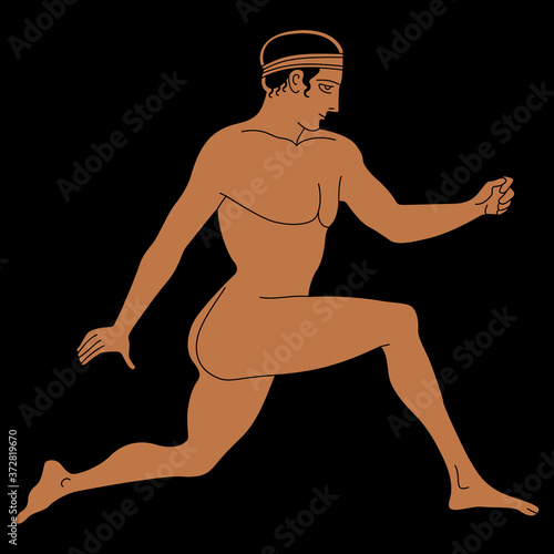 Running ancient Greek man. Jumping young athlete. Vase painting style.