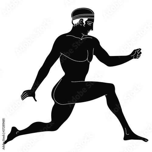 Running ancient Greek man. Jumping young athlete. Vase painting style. Black and white silhouette.