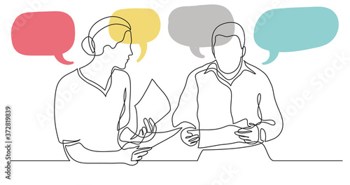 adult man and woman having conversation together - one line drawing with speech bubbles