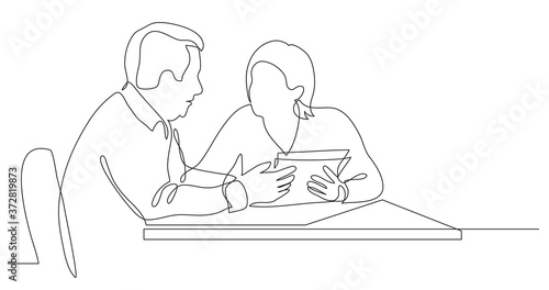 business colleagues discussing papers during working process - one line drawing