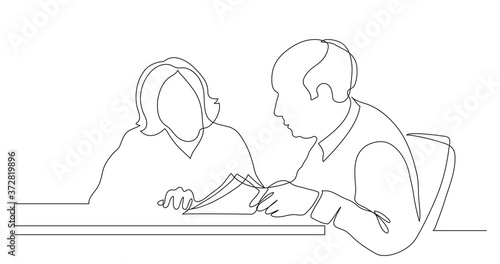 business colleagues discussing papers during working process - one line drawing