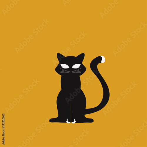 Black silhouette of a cat. Silhouette of a sitting cat.Cat silhouette isolated on a yellow background.