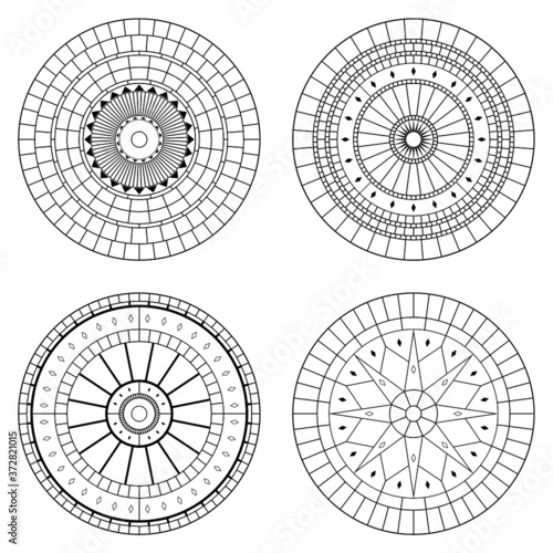 Set of circular pattern flooring. Mosaic stone circular tiles in vector line. Symmetrical circus radial tiles with texture. Diamond shape tiles detail.