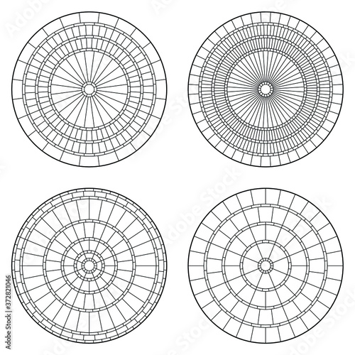 Set of circular pattern flooring. Outdoor mosaic stone circular tiles in vector line. Mixed of symmetrical radial pattern.