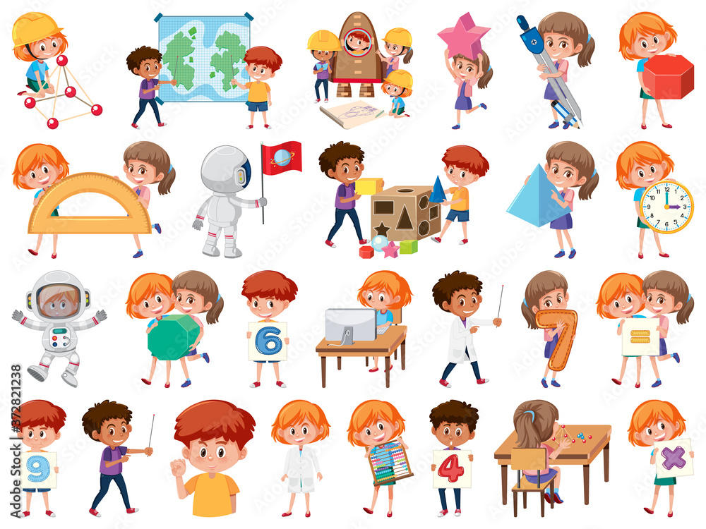 Set of children with education objects isolated Set of children with education objects isolated