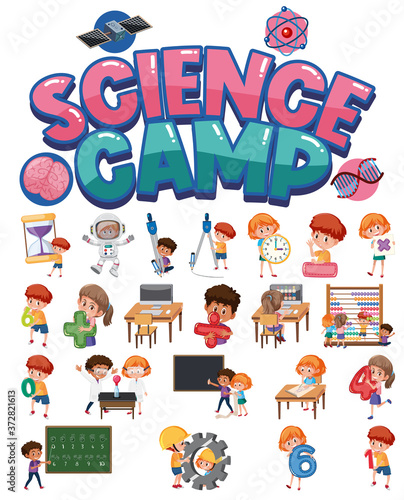 Science camp logo and set of children with education objects isolated © brgfx