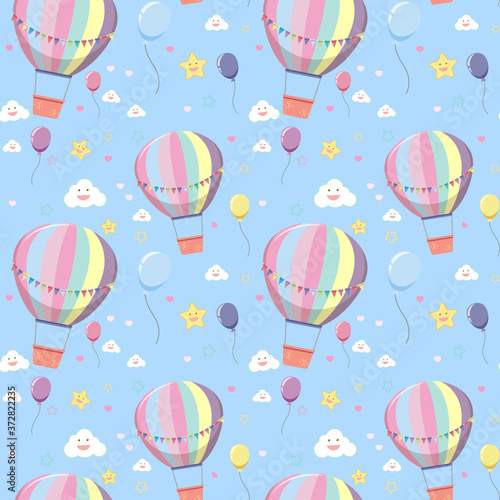 Seamless hot air balloon with cloud and star pattern on bright blue background