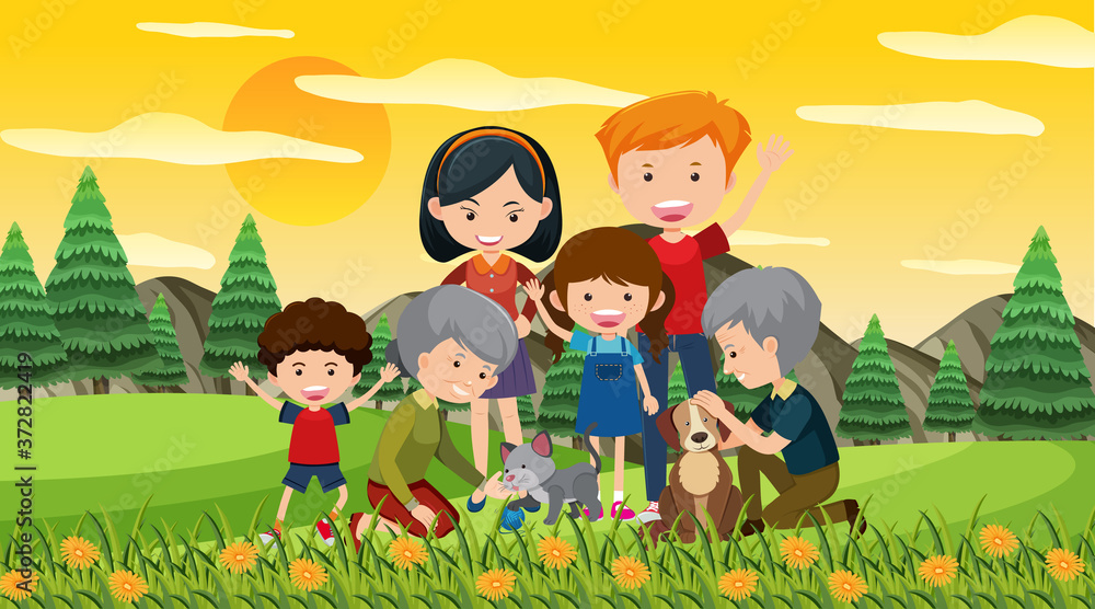Scene with happy family in the park Scene with happy family in the park