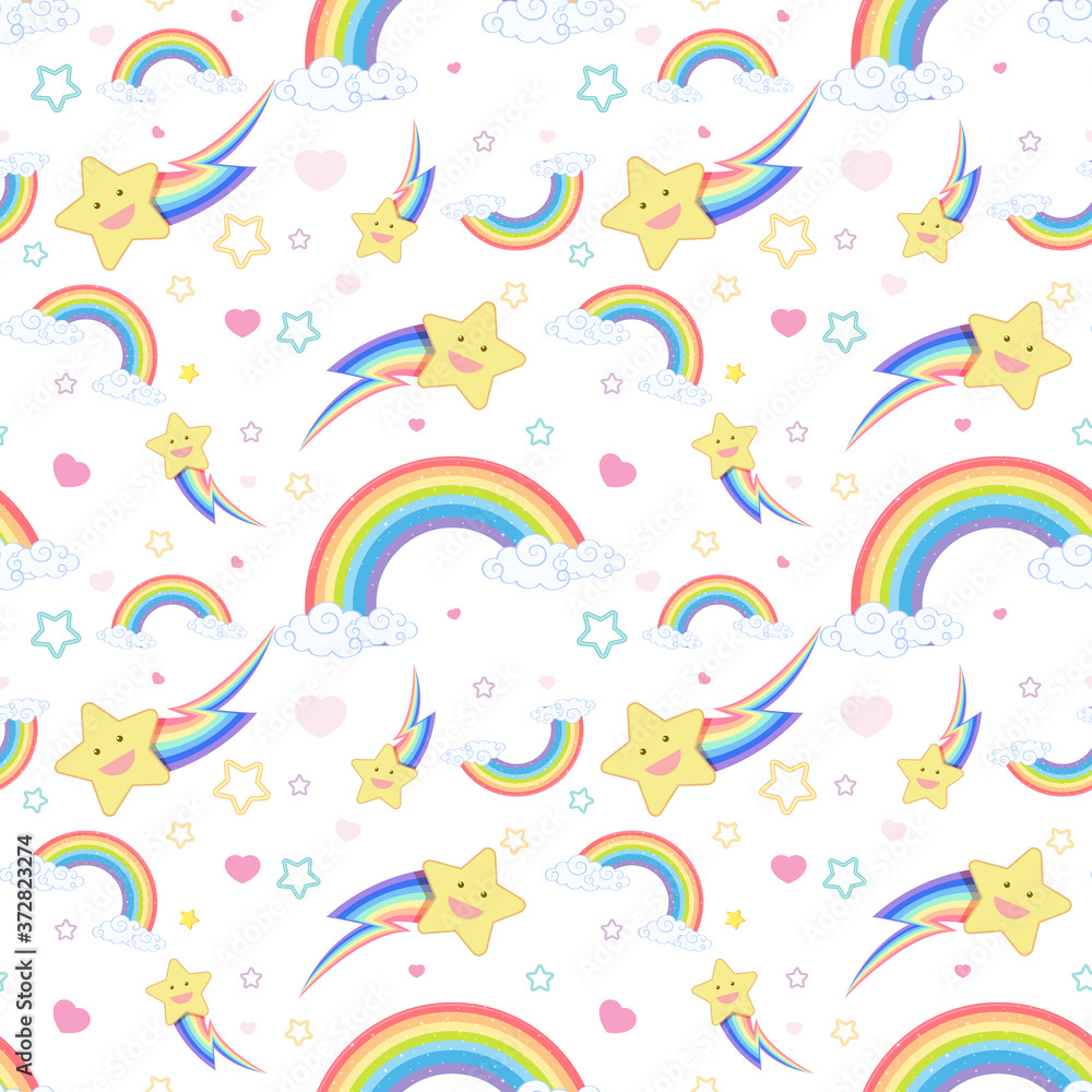 Seamless rainbow with cloud and star pattern on white background