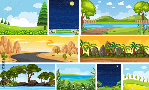 Set of different nature place scene in vertical and horizon scenes at daytime and night