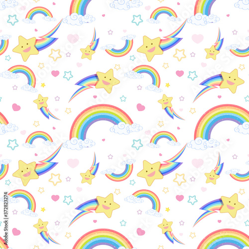 Seamless rainbow with cloud and star pattern on white background
