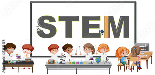 Stem logo and kids wearing scientist costume isolated