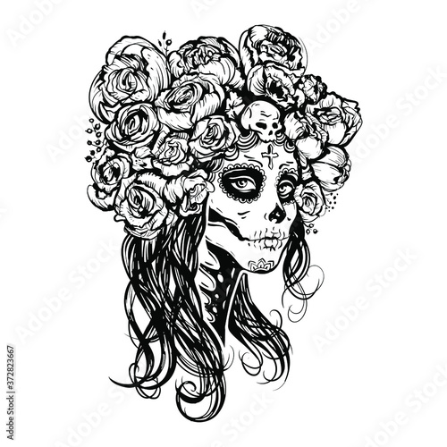 Sugar skull beautiful girl, Halloween makeup. Skeleton woman portrait at Dia de los Muertos, Day of the dead. Hand drawn black and white stock vector illustrtion, sketch for tattoo and coloring book