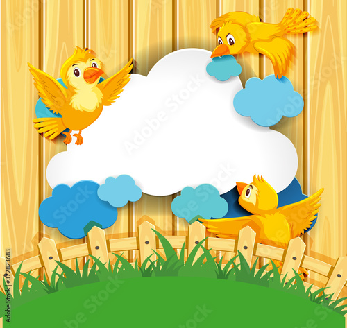 Bird banner template wooden fence background