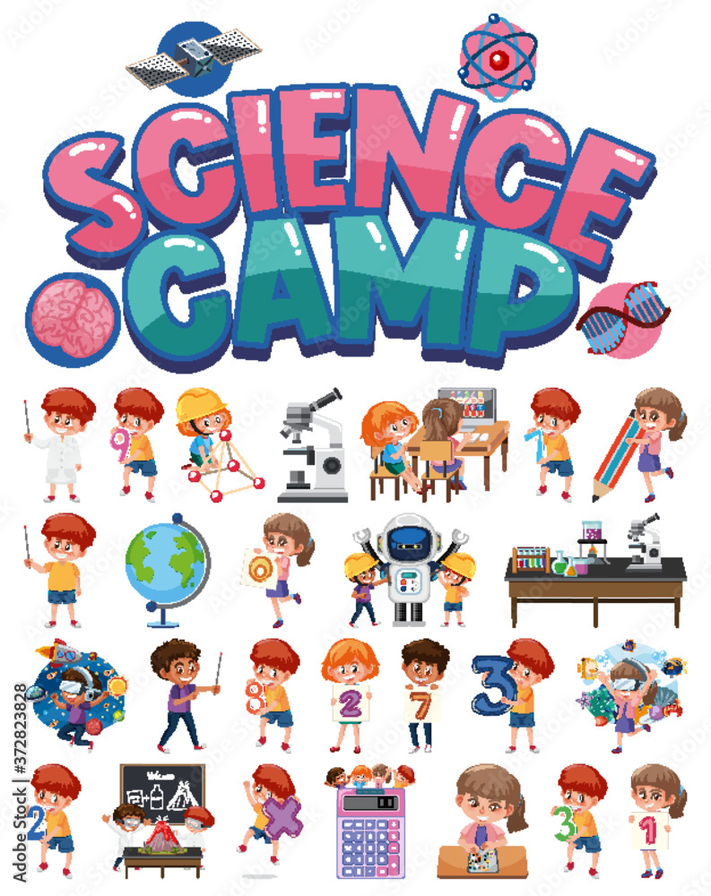 Fototapeta premium Science camp logo and set of children with education objects isolated