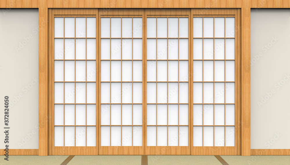 3d rendering. Traditional oriental Japanese White paper door and tatami floor room design background. 3d rendering. Traditional oriental Japanese White paper door and tatami floor room design background.