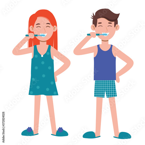 Young man and woman brushing teeth in a bathroom. Oral hygiene, care of dental health. Vector flat cartoon characters illustration on white background.