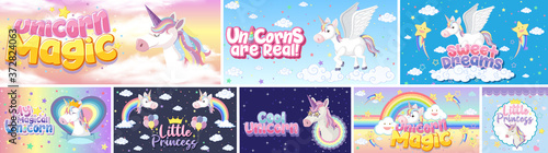 Cute unicorn banner on pastel background color
