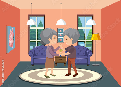 Background scene with old couple staying at home