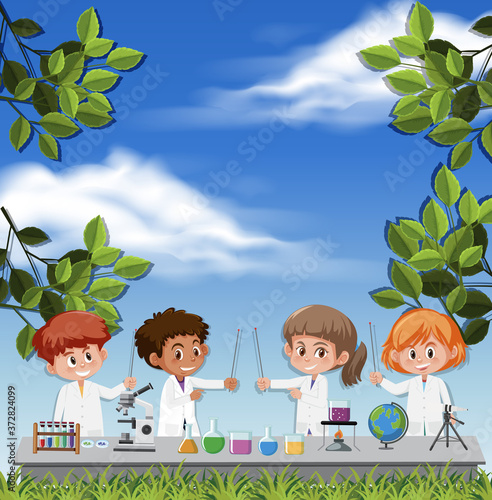 Kids wearing scientist costume on sky background