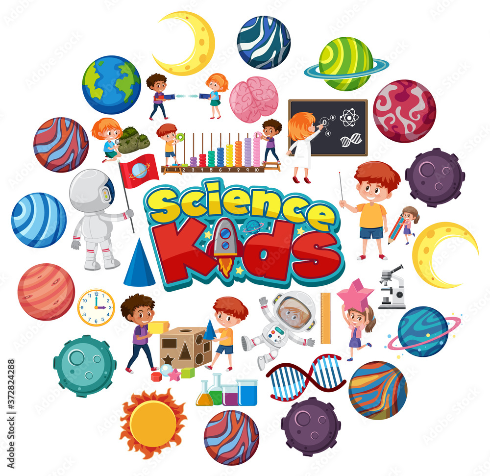 Science kids logo with many planets in circle shape