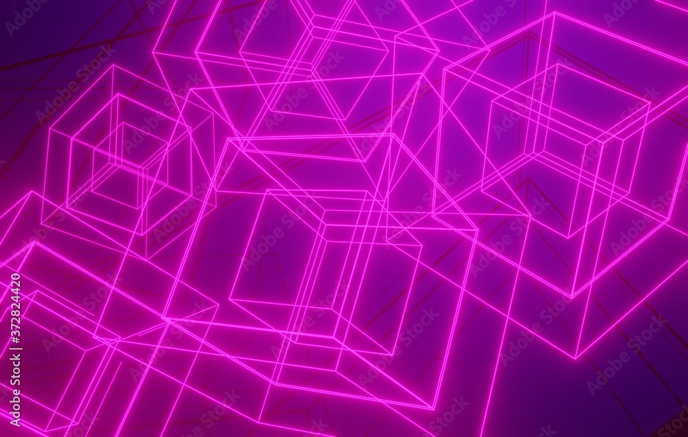 Abstract neon cube brightly shining in dark background.3D Rendering Abstract neon cube brightly shining in dark background.3D Rendering