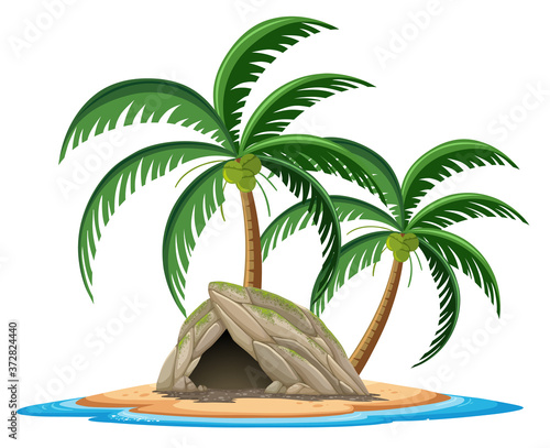 Stone cave on the tropical island cartoon style on white background
