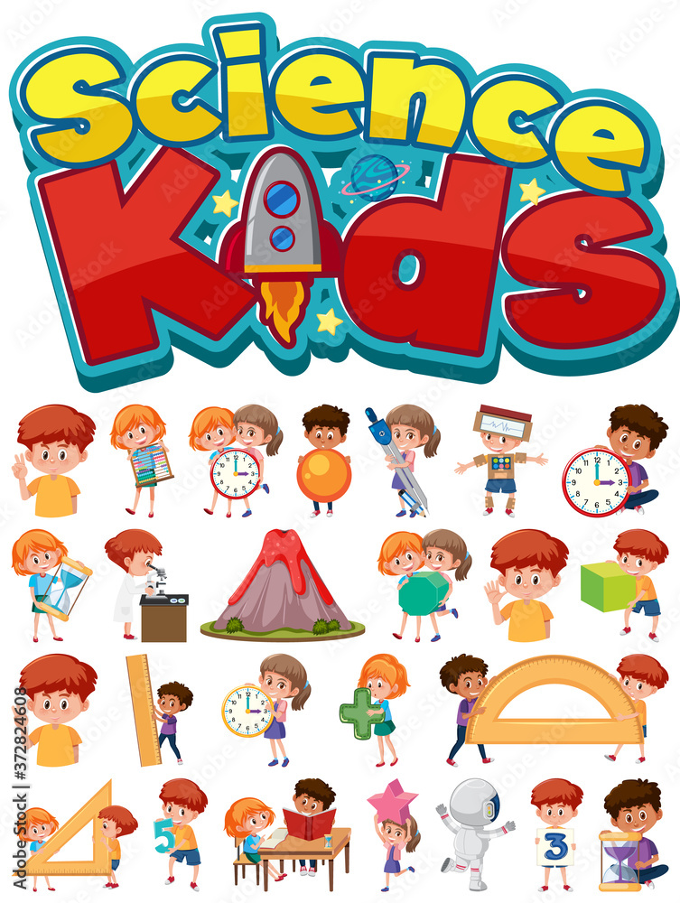 Science kids logo and set of children with education objects isolated Science kids logo and set of children with education objects isolated