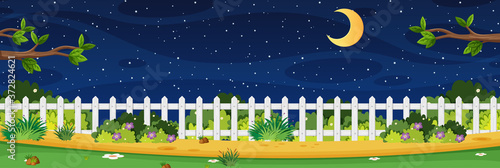 Horizon nature scene or landscape countryside with part of fence view and moon in the sky at night