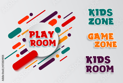 Kids zone entertainment banner. Colorful letters for children's playroom decoration. Sign for children's game room. Kids zone and party room area design.