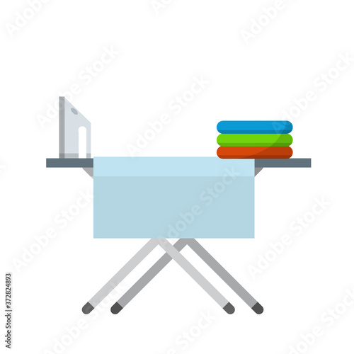 Ironing Board with iron and folded linen. home appliances and care. the device for comfort. element of room - Cartoon flat illustration