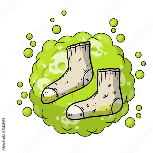 Dirty sock. Sloppy clothes. Stinky toe. Grey Object for washing. Cartoon flat illustration. Green bubble acid cloud. Smelly feet. Bad stench